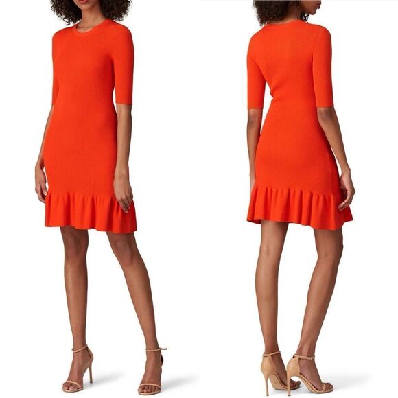 A.L.C. Vance Dress Women Small Orange Stretch Knit Sheath Mini Ruffle Hem - Picture 1 of 13